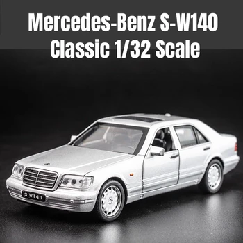 1/32 Mercedes-Benz S-W140 Clássico Brinquedo Modelo De Carro Fundido De Liga De Miniatura De Som & Luz Puxar De Volta 1:32 Coleção De Presente Para O Menino Miúdo