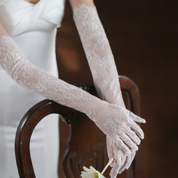 100% Da Mesma Renda Francesa Luvas De Casamento De Alta Qualidade Noiva Comprimento Do Braço Dedos Ópera De Noiva, Luvas De