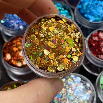 15g/Jar Holográfico de Ouro Lantejoulas Misto Robusto Nail Art com Glitter Flocos Para Manicure DIY