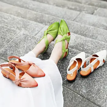 2,5 cm Novo Designer Abrir Novidade Autêntica Étnica Tecer Genuíno Sapatos de Couro Ponto de Dedo do pé de Flats Mulheres Sandálias Moda Verão Casual