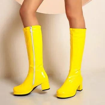 2020 Patente PU de Couro Roxo Verde Laranja Amarelo Vermelho da Mulher Sapatos Chunky Salto Plataforma altura do Joelho, Botas de Mulheres de Grande Tamanho 45 46 47