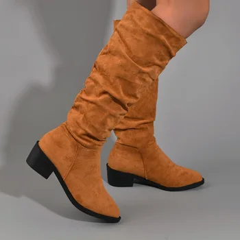 2023 Inverno Med Sapatos de Salto para as Mulheres Slip-on Mulheres Botas de cano Alto Pontiagudo Dedo do pé Quadrado Calcanhar Botas de Senhoras Plissado Sapatos Femininos
