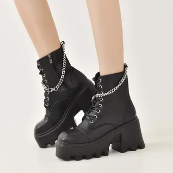 2023 Mais de Tamanho de Calçado de Inverno para as Mulheres da Cadeia de Mulheres do Tornozelo Botas de Plataforma Trastes Saltos de Botas de Senhoras Zipper Side de Sapatos de Senhoras