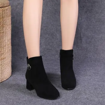 2023 Moda Outono Interior de Par com Salto Grosso e Grande Ankle Boots para o Conforto das Mulheres coreano Botas Meados de Calcanhar, Dedo do pé Redondo
