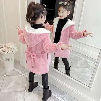 2023 Nova Versão coreana de Moda Sólida Espessa Manter Quente de Outono Inverno Meninas Casaco de Plush com Capuz Jaqueta, Casaco para Crianças TY47