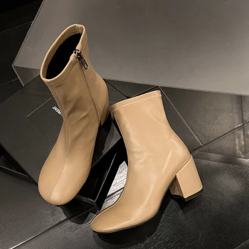 2023 Outono inverno mulheres tornozelo botas de couro natural 22-25cm de microfibra Elástica botas de couro do fecho de correr do lado grosso calcanhar moderno Botas