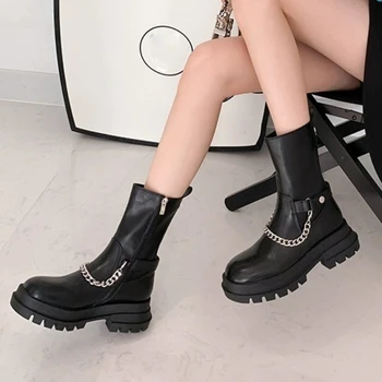 2023 Sapatos de Alta Qualidade para Mulheres de Zíper Lateral Botas femininas Inverno Dedo do pé Redondo Cadeia de Sólidos de Cano Curto Chunky Calcanhar Botas de Moda