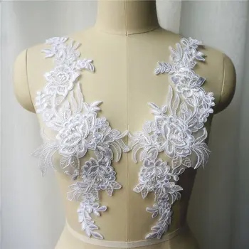 2PCS Flor Branca Tecido de Renda Guarnições de Colarinho Bordado Vestido de Noiva Apliques de Malha Costurar Em Patches Para o Vestido de Decoração DIY