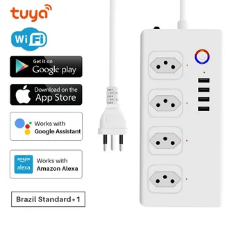 8 Portas wi-Fi Tuya Inteligente Brasil Plugue de Alimentação 4 Saídas USB 4 Charing Sockets Alexa Inicial do Google Assistente de Voz Único Soquete Timer