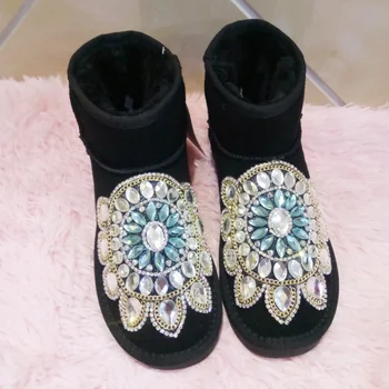 A cadeia de reno-diamante de inverno, o veludo quente meados de bezerro botas de Doces artesanais personalizados pele de uma peça de botas para mulheres plus size 35-44