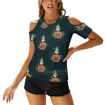 Abóbora Planeta Das Mulheres T-Shirt Laço Volta Sexy T-Shirts Ocos Pulôver Topo Da Abóbora De Halloween Space Ghost Foguete De Halloween