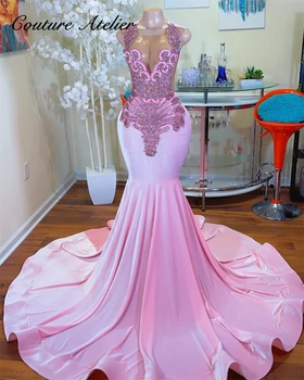 Angélica Rosa de Veludo Cristal Sereia Vestidos de Baile Africano de Ver Através de Vestidos Para Festa de Casamento Pura Malha vestido de gala