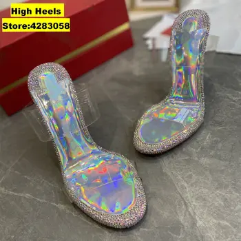 Casual Designer Mulheres Sapatos De Cristal Transparente Sandálias De Lantejoulas Chinelos De Quarto Exterior De Senhoras De Salto Agulha Chinelos De Quarto Zapatillas
