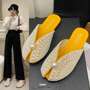 Chinelos de Verão, Novo 2024 Moda de pedra de Strass de Casa de Mulheres Mulas Sapatos Elegantes de Espelho de Luxo Designer de Baixo Plana Sandálias de Mulher Casa