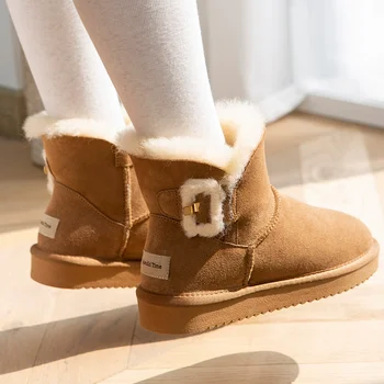 Clássico Botas de Neve das Mulheres de pele de Carneiro Genuína de Couro, Ankle Boots Plus Size Pele Natural Lã de Inverno Sapatos Anti-derrapantes de Botas femininas
