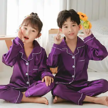 Confortável Crianças Pijamas de Crianças 2pcs Pijama Conjunto Primavera, Outono Vire para baixo de Gola, Bolso de Botão 3-14 Anos Meninos Meninas rapazes raparigas Artificiais de Seda