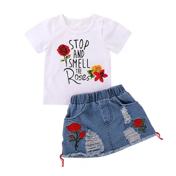 Crianças Meninas Conjuntos de Vestuário 2020 verão, Roupas de Meninas Conjunto Sólido de cor de Rosa T-shirt, saia jeans terno 2pcs Terno de Roupas infantis 18-5