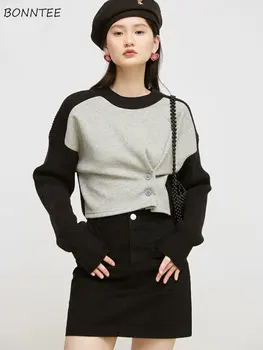 Curto-Estilo Camisolas Mulheres Botão Projetado Chique Nova Y2k coreano Outono Harajuku Aluno Confortável Streetwear Ins manga Longa