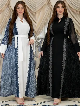 Dubai Muçulmano Árabe Vestido de Festa para as Mulheres Abaya Lace-up Bordado Stand Colar Elegante Manto Longue Jalabiya Vestidos Mujer 2023