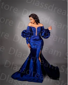 Encantador árabe Azul Royal Sereia Vestidos de Mangas compridas, com Cercadura de Baile, Vestidos de Tafetá Festa Formal Vestidos de فساتين السهرة