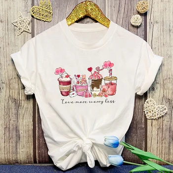 Engraçado Dia dos Namorados Café Amar Mais Preocupar-se Menos Impresso Camisa feminina Casual Personalidade T-Shirt Unisexo Bonito dos Namorados