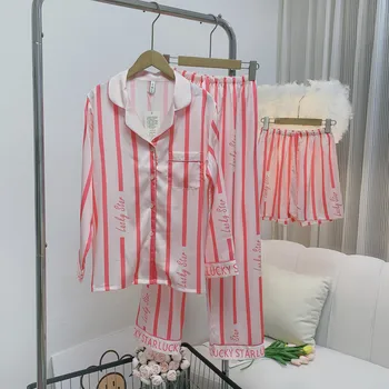 Faixa rosa Pijamas Mulheres Solta Conjunto de 3 peças Pijama de Cetim Homewear Calças de Terno Lapela da Camisa&pant&short de Dormir Loungewear