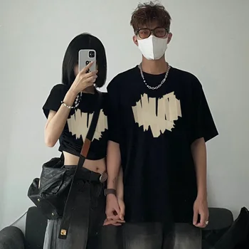 Fashion estilo coreano coração padrão preto/branco, manga curta ihkke top casual t para casais