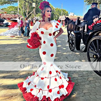 Flamenca Branco Vermelho Vestido De Mangas Compridas De Bolinhas Saia Espanhol Baile De Dança De Vestidos De Festa Formal Vestidos De