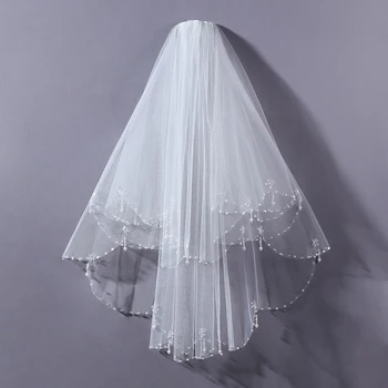 Frisado branco Véu de Noiva, Duas camadas de Borda Frisada, do Comprimento do Cotovelo Véu Adequado para as Mulheres o Casamento de Bola Acessórios