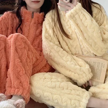 Inverno Engrossar Pijama Conjunto De Mulheres Harajuku Kawaii Girls Manga Longa Loungewear Quente Luxuoso Moda Zíper Doce Faculdade De Pijamas