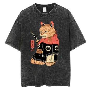 Japão Samurai Ronin-Cat T-Shirt Bonito dos desenhos animados de Impressão Camiseta Preta de Verão de Lazer Algodão Tops Y2K Harajuku masculina de Manga Curta-Tees