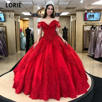 LORIE Vermelho em Camadas de Tule Vestido de baile Vestidos de Quinceanera Apliques de Renda Cristais de Vestidos De 15 Quinceañera Aniversário de Princesa Vestidos
