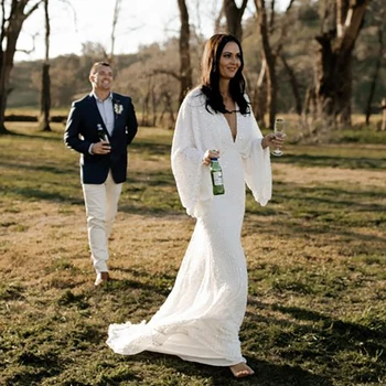 Lantejoulas Decote em V Fuga do Vestido de Casamento De 2024, Feito-V-pescoço Longo Batwing Mangas de Vestidos de Noiva Vestidos De Noiva