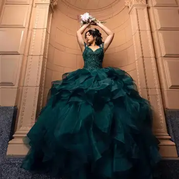 Luxo Verde Vestidos De Quinceanera Sweet 16 Princesa Cristais Bola Vestidos De Vestidos De 15 Quinceañera Graduação Vestido De Baile