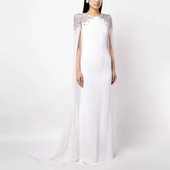Luxuoso Vestido Branco de Cristal O Pescoço Relógio Mangas de Casamento Vestidos de Festa para as Mulheres, Trompete/Sereia 2024 Vestidos de Noite Longos