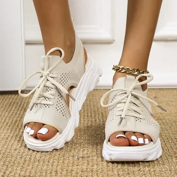 Malha Mulheres Sandálias Sapatos de Verão para as Mulheres, a Tendência Lace-up a Plataforma Sandálias de Dedo do pé Aberto Praia Casual Salto Sandálias Sandalias De Mulher