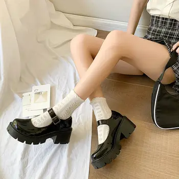 Mary Jane Mulheres Lolita Sapatos De Menina Japonesa Plataforma Preto Saltos Altos De Moda Do Dedo Do Pé Redondo Patente De Couro Falso Estudante De Cosplay Sapatos