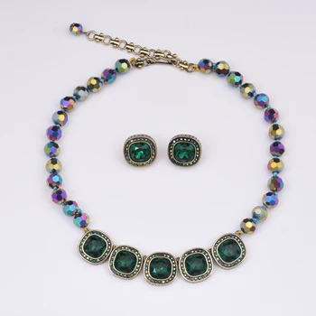 Meio vintage diamante oval Europeu e Americano retro luz de luxo de alta qualidade brinco colar conjunto de colar de esmeralda