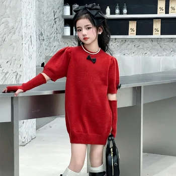 Menina de Suéter Vermelho Em 2023 Outono/Inverno Preguiçoso Design com Laço Luva Dividida Top de Malha de Moda