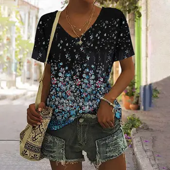 Moda das Mulheres T-Shirt 3D Impressão de Flor Tee Casual Retrô com Decote em V T-Shirts para Mulheres de Verão Novo Feminino Roupas de Streetwear Camisa