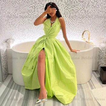 Modesto Decote em V vestido de festa de Casamento com a Dividir o Chão de Cetim Verde Vestido de Festa A-Linha de vestidos para mulher elegante
