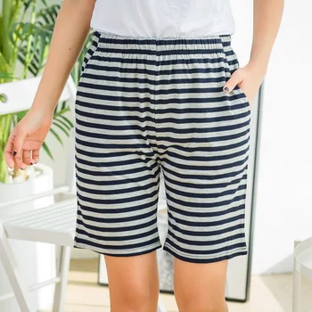 Mulheres de Verão Modal Listrado Simples Finas Casa Calças de Elástico na Cintura, Dois Bolsos Laterais Plus Size Macio e Confortável de Sono Shorts