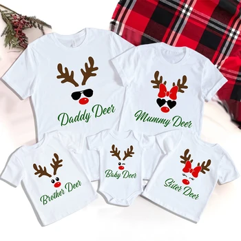 Natal Veado Impressão Família Combinando Roupas T-Shirts de Família T-shirt de Natal Mãe Filha Pai Filho de Roupas de Bebê Tops
