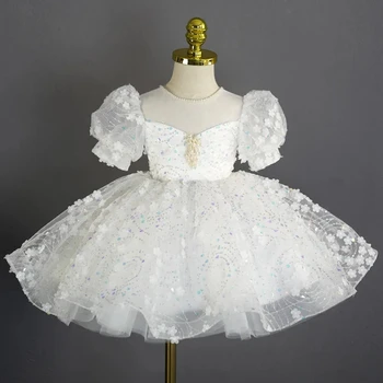 Novo Bonitos Vestidos da Menina de Flor para a Noiva Apliques de Paetês branca Pequena Concurso de Vestidos de Meninas, Primeira Comunhão Vestidos para Casamentos