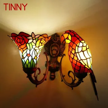 O PEQUENO Tiffany papagaio Lâmpadas de Parede Americano interior do quarto de Crianças Homestay Villa Hotel Vitrais Animal Decoração da Lâmpada