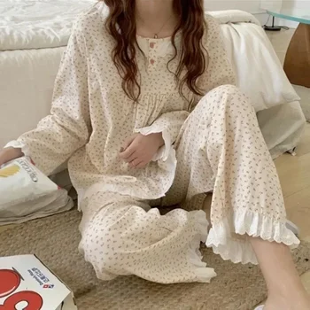 O coreano 2023 Calças de Pijama de Manga de Renda Define a Moda Floral Piiama Terno para Impressão Pijamas Mulheres de Outono, de Novo de 2 Peças Longo