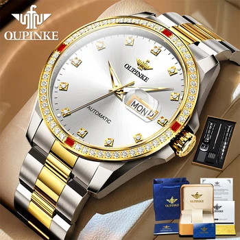 OUPINKE 3261 Luxo Homem Original, Relógios de Pulso Dial Diamante Relógio Mecânico Automático Para os Homens Dupla Calendário de Negócios Lado do Relógio