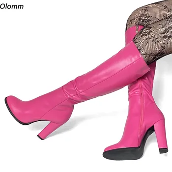Olomm Personalizar a Cor do Inverno das Mulheres Joelho Botas Unisex Zíper Bloco de Salto do Dedo do pé Redondo Clássico Nude cor-de-Rosa Casual Sapatos EUA Tamanho de 5 a 20