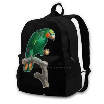 Papagaio Verde Em Um Poleiro Mochila Para O Aluno Da Escola Portátil Bolsa De Viagem Poleiro Do Papagaio Verde Pássaro Pequeno, Colorido, Vintage Desenhado A Mão