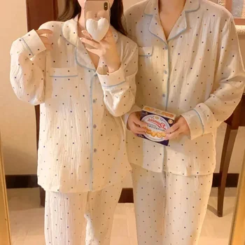 Ponto Roupas Confortáveis Bolinhas de Algodão de Inverno para a Casa de Outono muito Tempo Suave Conjunto Manga Pijamas Par de Pijamas para Mulheres Gaze